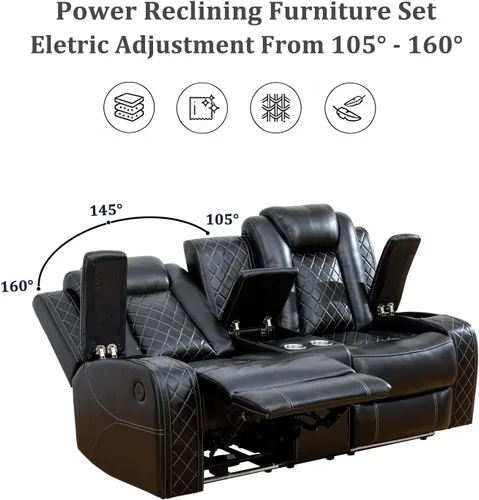 Miniatura 4 de Juego de sofá reclinable eléctrico, sofás reclinables de cuero negro, 3 piezas de sofá reclinable de cuero de aire y silla de dos plazas con luces