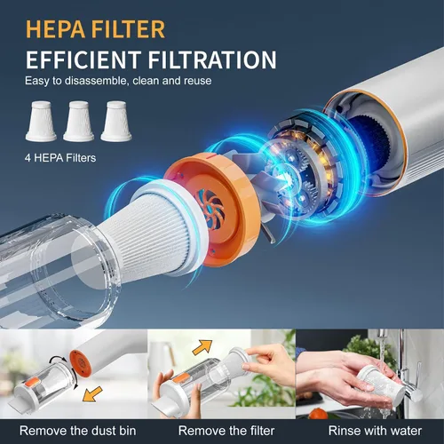 Miniatura 7 de Aspiradora portátil inalámbrica para automóvil, 5 en 1, mini aspiradora de mano inalámbrica con filtro HEPA, 2 modos de succión, potencia de succión