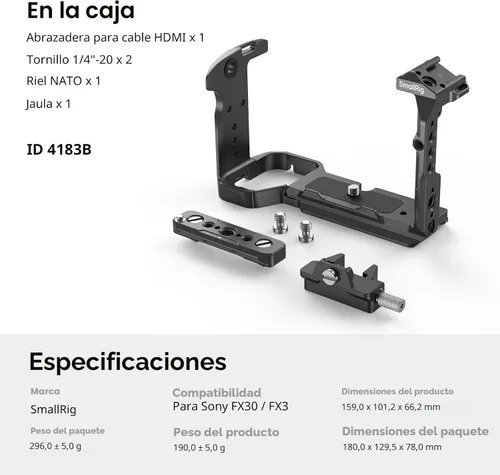 Miniatura 10 de SmallRig Jaula para Sony FX30 FX3 FX3 FX3A con abrazadera de cable para HDMI, superficie negra brillante clásica, incluye zapata fría y riel NATO