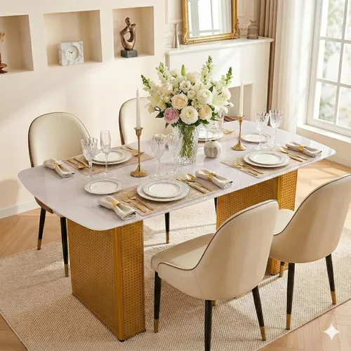 Miniatura 13 de Mesa de comedor de cristal de 51 pulgadas, mesa de comedor para 4-6, mesa de cocina dorada con patas de metal superior de vidrio templado