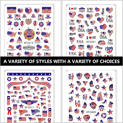 Miniatura 4 de RIICFDD 8 hojas de calcomanías para uñas del 4 de julio, autoadhesivas 3D de bandera de Estados Unidos para arte de uñas, calcomanías del día