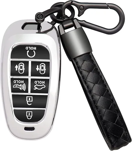 Miniatura 14 de Funda para llavero Hyundai de 7 botones con llavero de cuero, TPU suave, protección de 360 grados, funda para llave de automóvil, compatible con D