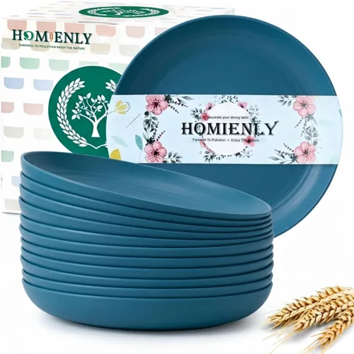 Homienly Party Plates 12 PCS Wheat Straw Deep Plates 9 Inch Plastic Plates Alternative for Salad,Pizza,Hamburger,Unbreakable Kitchen Plates for