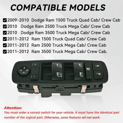 Miniatura 6 de Interruptor maestro de ventana de alimentación del lado del conductor 9 pines + 3 pines Compatible con 2009 2010 2011 2012 Dodge Ram 1500 2500 3500