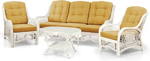 Miniatura 3 de Malibu Lounge Juego de 4: 2 sillas de mimbre de ratán natural, sofá de tres plazas con cojines marrón claro y mesa de centro con vidrio hecho a
