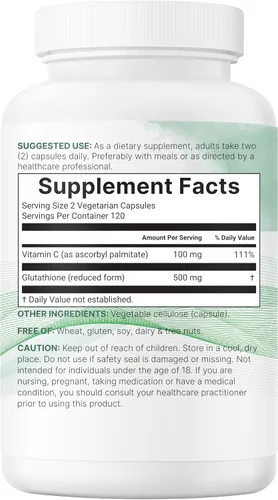 Miniatura 6 de Micro Ingredients Glutatión de 500 mg con suplemento de vitamina C de 100 mg, 240 cápsulas vegetales Glutatión reducido + complejo de palmitato