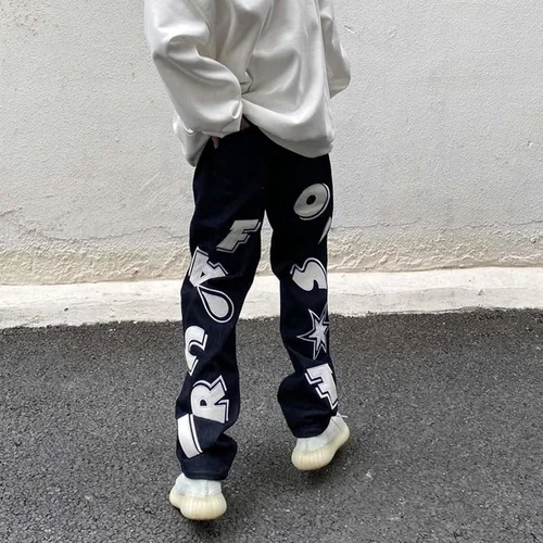 Miniatura 3 de Harajuku - Jeans para hombre con letras estampadas, rectos, holgados, para otoño e invierno, jeans engrosados, jeans góticos