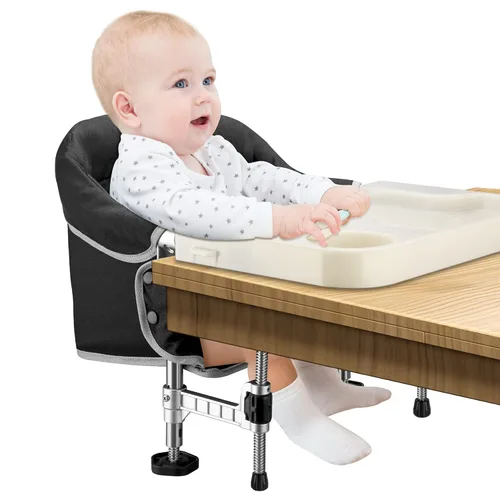 Silla de gancho con bandeja de comedor extraíble, silla alta portátil con clip en la mayoría de las mesas, silla de mesa rápida con bolsa de Negro