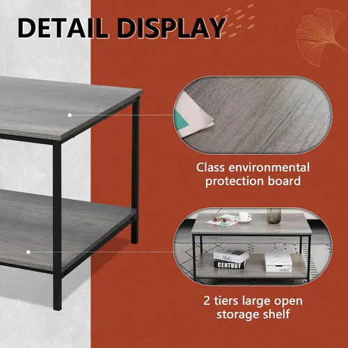 Miniatura 4 de SENIG Mesa de café de 2 niveles con estante de almacenamiento para espacios pequeños, mesa auxiliar rectangular de madera de roble gris y metal