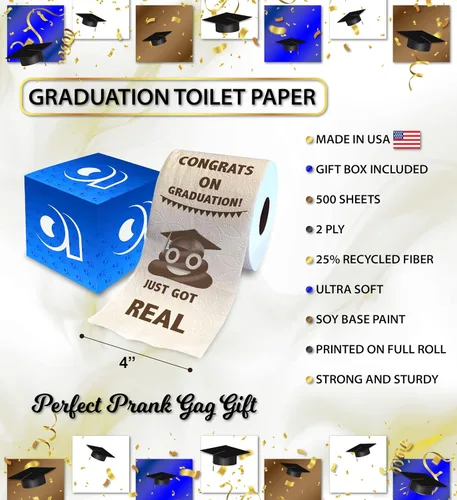 Miniatura 3 de Printed TP Papel higiénico impreso con texto en inglés "Congrats on Graduation", divertido rollo de papel higiénico para las mejores bromas