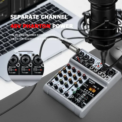 Miniatura 2 de BOMGE Mezclador de audio, consola de mezcla de tablero de sonido con 5 canales digitales USB Bluetooth, efecto de eco y retardo, alimentación