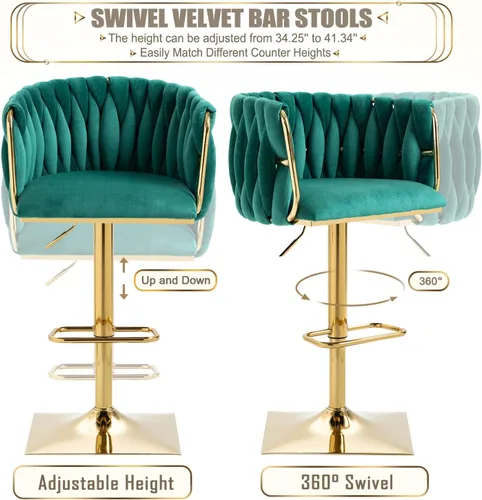Miniatura 6 de Juego de 2 taburetes de bar giratorios de terciopelo, taburetes de bar ajustables y cómodos, silla de comedor moderna con respaldo tejido, taburetes