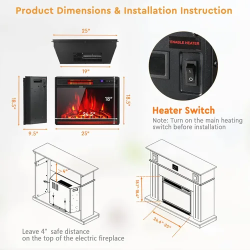 Miniatura 7 de COSTWAY - Chimenea eléctrica de inserción de 25 pulgadas de ancho, calentador empotrado y de pie de 900/1350W con control remoto, 3