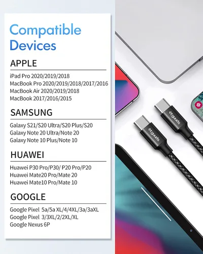 Miniatura 7 de etguuds Cable USB-C a USB-C extralargo - 16 pies/16.4 ft PD 60 W carga rápida, cable de carga de nailon trenzado doble duradero 2.0 - Negro