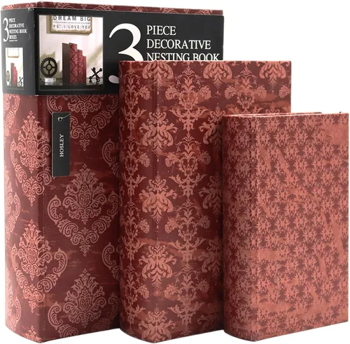 Hosley Farmhouse - Juego de 3 cajas para libros de memoria, color rojo, marrón y dorado, cajas de almacenamiento decorativas de 12, 10 y 8 pulgadas,
