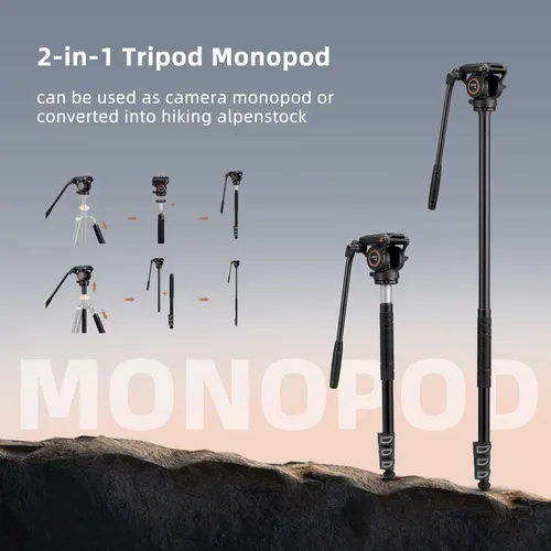 Miniatura 4 de Cayer FP2450 Trípode de cabeza fluida, trípode de video de aluminio de 75 pulgadas, trípode de cámara compacta de 4 secciones con cabezal fluido