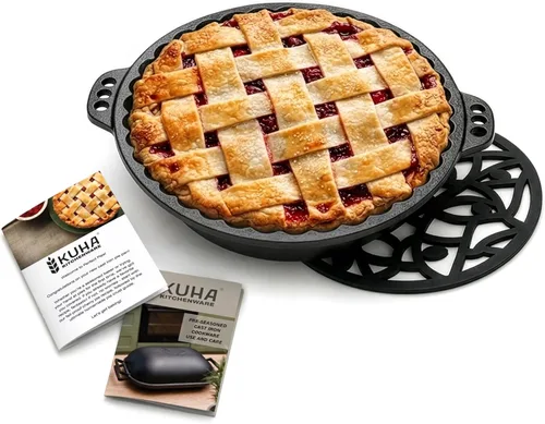 KUHA Molde para pasteles de hierro fundido | Sartén redonda de hierro fundido pre-sazonado para tartas de manzana, calabaza y cereza, quiche y