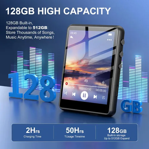 Miniatura 2 de SWOFY Reproductor MP3 de 128 GB con Bluetooth 5.4, reproductor de música M4 con pantalla táctil de 2.4 pulgadas, sonido HiFi portátil sin pérdidas