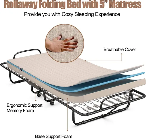 Miniatura 4 de HAPPYGRILL Cama enrollable, cama plegable con colchón de espuma viscoelástica de 5 pulgadas, marco de acero resistente, 4 ruedas universales, cama