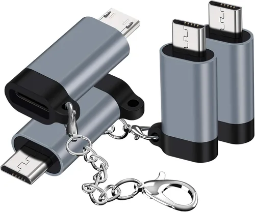 Adaptador USB C a Micro USB, (paquete de 4) tipo C hembra a micro USB macho Conector de conversión con llavero de carga y sincronización de datos,