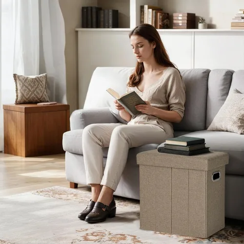 Miniatura 2 de COSYLAND Otomana con almacenamiento plegable de tela, reposapiés otomano para habitación, muebles plegables pequeños y altos con asas de tapa, 16.5