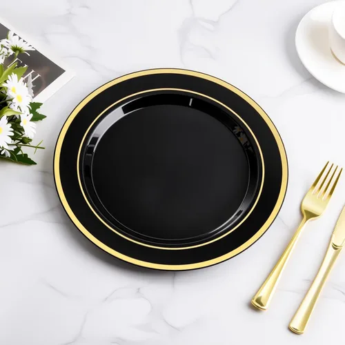 Miniatura 5 de BESTVIP 100 platos de plástico negro, platos desechables de 10.25 pulgadas para fiesta con borde dorado para Navidad, Acción de Gracias, platos