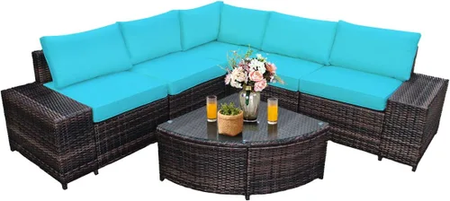 Tangkula Juego de 6 muebles de mimbre para patio, juego de conversación de ratán PE para exteriores para todo tipo de clima, con mesa de centro de