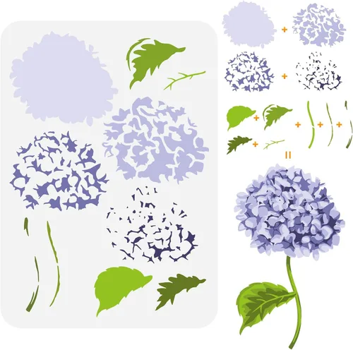 FINGERINSPIRE Plantilla de pintura con patrón de hortensias en capas, plantilla de dibujo de flores de hortensias de 8.3 x 11.7 pulgadas, plantilla