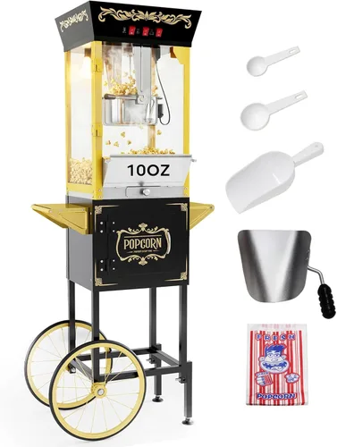 Máquina de palomitas de maíz con carrito, auténtica máquina de palomitas de maíz estilo cine de 10 onzas con plataforma de calentamiento, máquina de