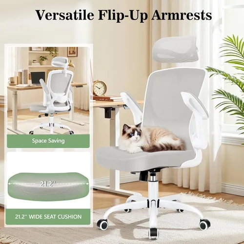 Miniatura 8 de BESTFAIR Silla de oficina ergonómica, sillas de oficina de malla transpirable con soporte lumbar ajustable, brazos abatibles, silla de escritorio