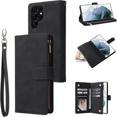 Miniatura 12 de UEEBAI Funda tipo cartera para Samsung Galaxy S22 Ultra 5G, piel sintética con cierre magnético, bolsillo con cremallera, ranuras para tarjetas