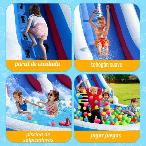 Miniatura 7 de Tobogán acuático inflable de grado para niños de 22 pies con gran piscina de salpicaduras, parque acuático azul resistente para niños con soplador