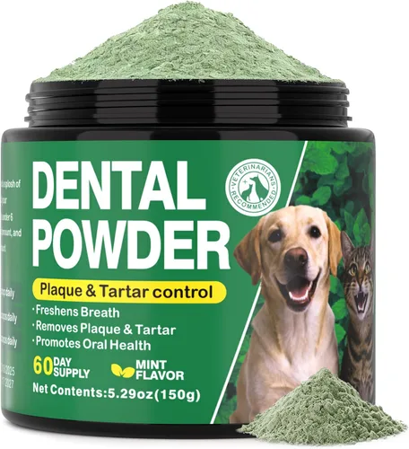 Polvo dental para perros para limpieza de dientes, ambientador de aliento y limpiador de dientes de menta fresca, removedor de placa y sarro,