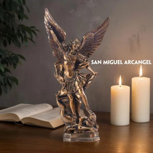 Miniatura 4 de QIANLING Estatua de San Miguel Arcangel de 12.5 pulgadas, estatua de San Miguel en resina bronceada, figuras de la colección de San Miguel Arcángel