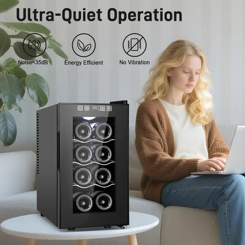 Miniatura 9 de Tylza Refrigerador de vino de 8 botellas, bodega con puerta de vidrio templado de baja emisión, pantalla táctil LED, cerradura, sin escarcha, sin