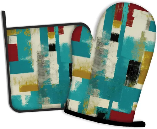 Pintura con guantes de horno y soportes para ollas, color rojo, blanco, negro y amarillo, juego de 2 piezas, almohadilla resistente al calor para