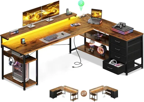 Miniatura 10 de AODK - Escritorio en forma de L de 61" con cajón, escritorio para computadora con tomas de corriente y luces LED, escritorio de esquina reversible