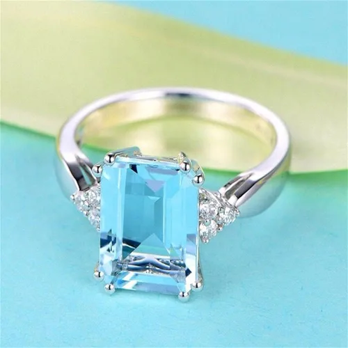 Miniatura 2 de Anillo de plata de ley 925 creativa para mujer, anillo de zafiro rectangular brillante de 18 quilates cuadrado azul con circonita cúbica, anillo