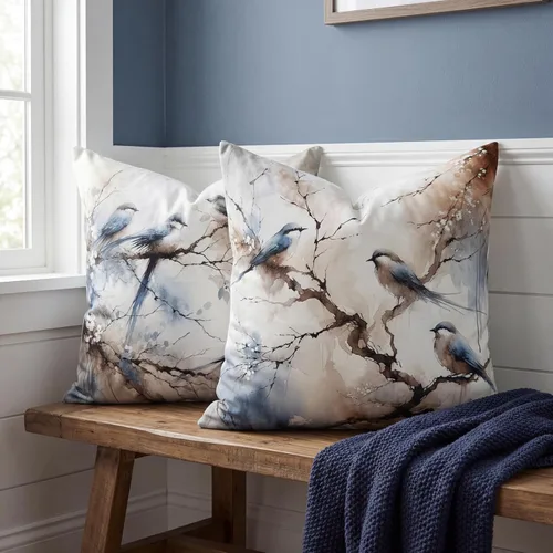 Miniatura 6 de Juego de 2 fundas de almohada decorativas de terciopelo de 18 x 18 pulgadas, estampado de pájaros y ramas en acuarela, felpa suave con acento neutro