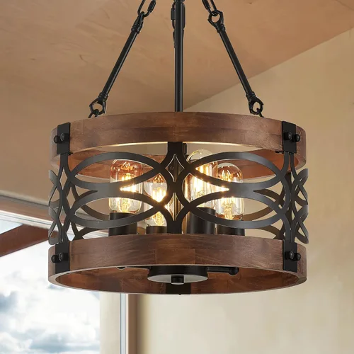 Miniatura 11 de Lámpara colgante de tambor de granja de 4 luces, 12.6 pulgadas, textura de madera natural, candelabros rústicos vintage, lámparas colgantes 12.6in-4
