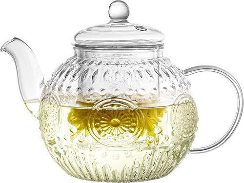 Bandesun Tetera de vidrio vintage, hervidor de té con infusor extraíble de 32 onzas/33.8 fl oz, olla de vidrio de borosilicato, apta para estufa,