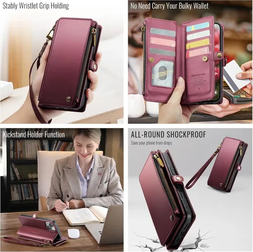 Miniatura 4 de Defencase Compatible con iPhone 15 Plus Funda Cartera con Tarjetero de Bloqueo RFID para Mujeres y Hombres, Cuero PU Cierre Magnético Plegable Rojo