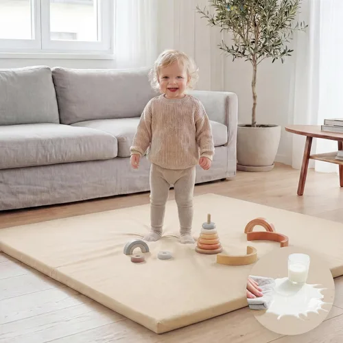 Miniatura 14 de Huloo Sleep Tapete de juego para bebé de 47 x 47 pulgadas, acolchado impermeable de 1.3 pulgadas de grosor, tapete para corral de juegos con cuero