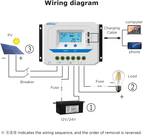 Miniatura 4 de EPEVER Controlador de carga solar de 10 A, regulador de carga de panel solar PWM de trabajo automático de 12 V/24 V, con pantalla LCD y potente