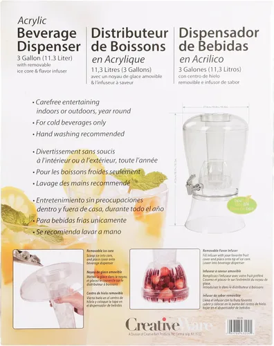 Miniatura 6 de CreativeWare Dispensador de bebidas de 3 galones con cilindro de hielo e infusor de frutas