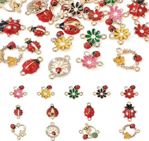 KISSITTY 26 dijes de mariquita para hacer joyas, ganchillo, manualidades, decoración, esmalte de flores, mariquitas, cristales de diamantes de