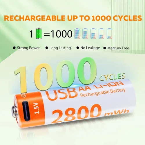 Miniatura 2 de Baterías de litio AA recargables, paquete de 4 baterías AA de iones de litio de 1.5 V 2800 mWh, 1000 ciclos de iones de litio doble A con cable