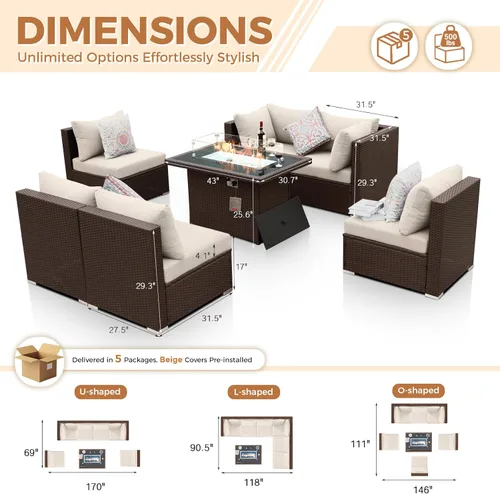 Miniatura 6 de BULEXYARD Juego de 7 piezas de muebles de patio con respaldo alto con mesa para fogata de propano/gas natural de doble combustible, sofá seccional