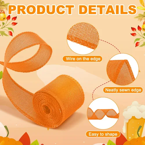 Miniatura 5 de 8 rollos de cinta de arpillera de otoño de Acción de Gracias de 44 yardas de cinta de arpillera de 2.4 pulgadas con borde con alambre para envolver
