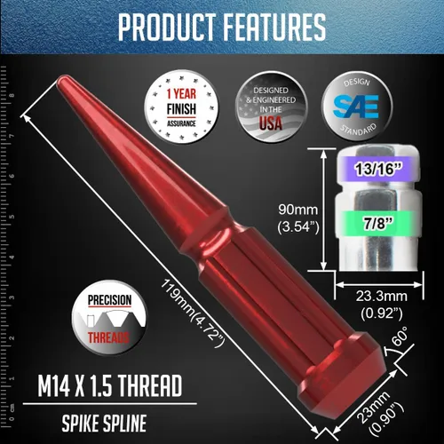 Miniatura 3 de Wheel Accessories Parts 32 Piezas Tuercas M14x1.5 14x1.5 Rosca con Púas de 4.4" de Largo Tuercas Rojas para Camión Spline Hex Compatible con Chevy